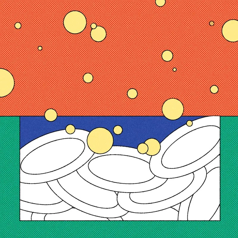 Illustration of dishes and bubbles in a sink
